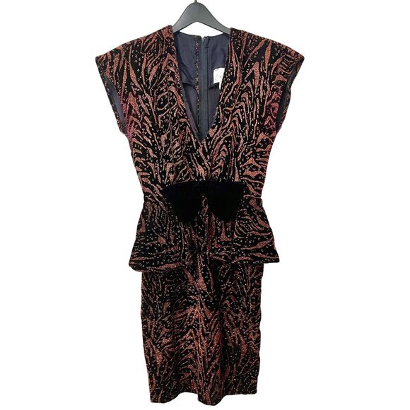 Velvet + Copper Vintage Sparkle Sheath dress w/peplum V neck + Bow Y2K Mobwife - Picture 2 of 10